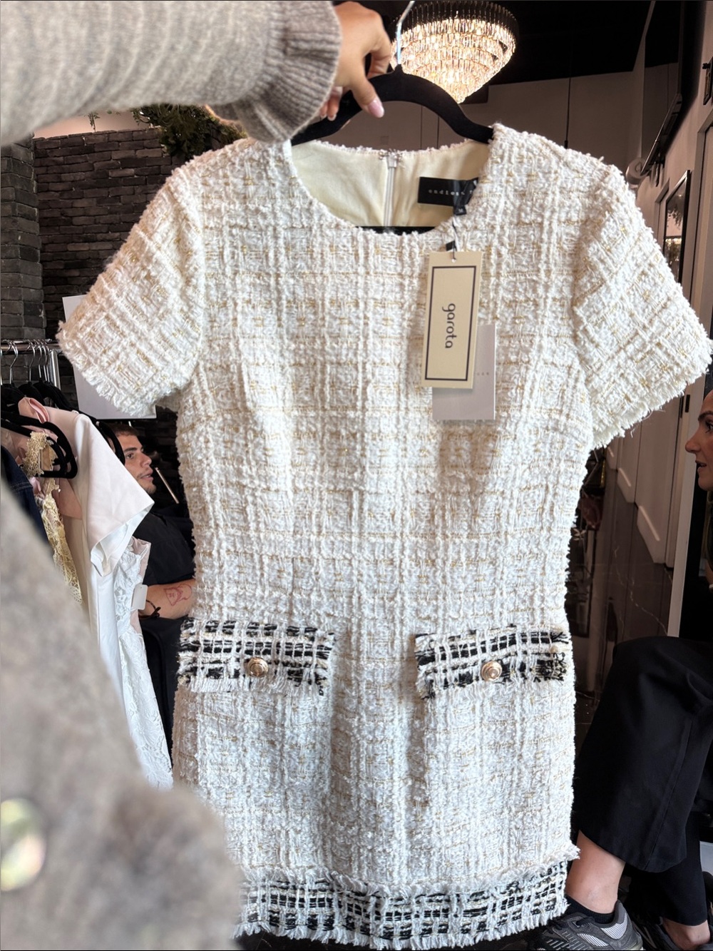 Cream Tweed Mini Dress with Decorative Pocket Trim